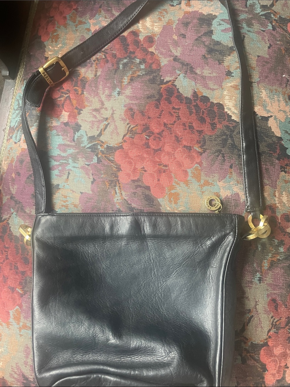 bella Perlina Black Leather Crossbody with Gold Hardware